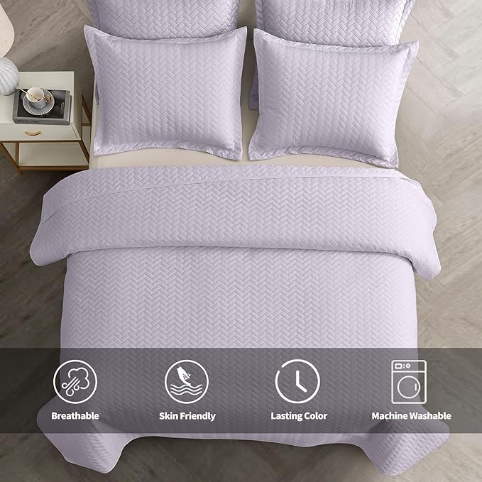 Maple&Stone Lilac Purple Quilt Set Queen Size, Lightweight Bedspread Ultrasonic Chevron Pattern Light Coverlet for All Season Comforter Bedding Decor - 3 Piece Full Bed Cover Sets