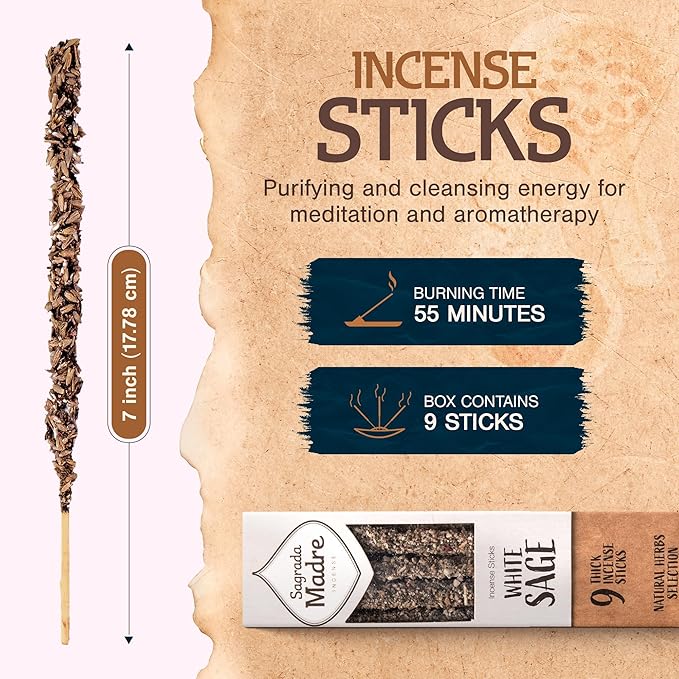 Sagrada Madre 9 pcs Wildly Harvested - White Sage Incense Sticks, 7" Long - Thick Aromatic Incense Sticks (45-55 min Burning Time) to Neutralize Negative Energies & Harmonizing Spaces -Pack x 3
