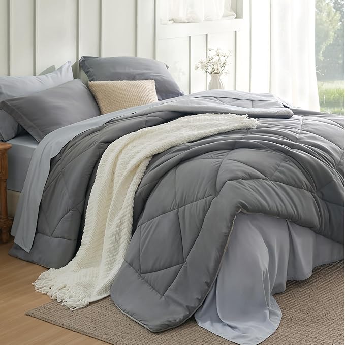 Bedsure Oversized Queen Comforter Set - 7 Pieces Reversible Grey Bedding, Oversized Queen Size Bed Set for All Seasons, Bed in a Bag with Down Alternative Comforter, Sheets, Pillowcases & Shams