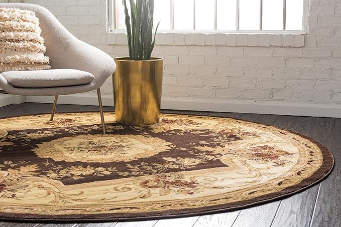 Rugs.com Chateau Collection Rug – 8 Ft Round Brown Medium Rug Perfect for Kitchens, Dining Rooms