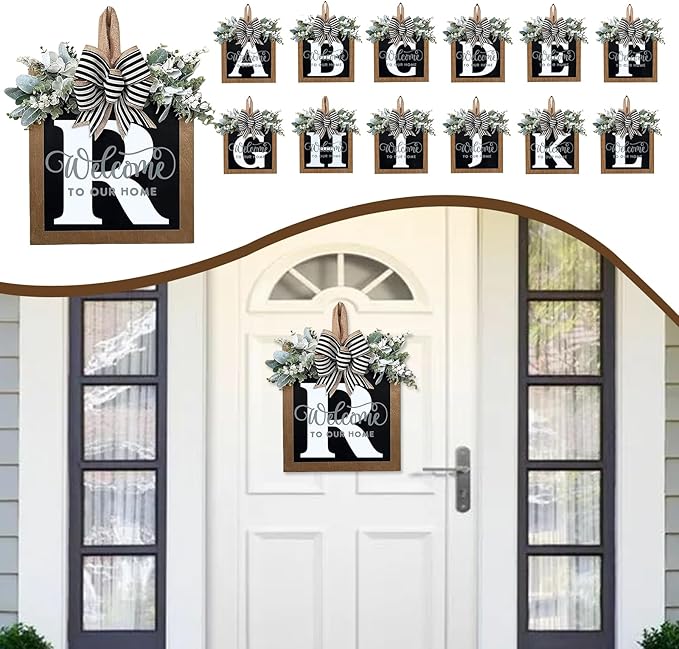 Ultra Large 14'' Last Name All Year Round Front Door Wreath with 26 Initial Letter Welcome Sign All Seasons Eucalyptus Garland and Bow Wreaths for Front Door Porch Farmhouse Decoration (R)