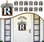 Ultra Large 14'' Last Name All Year Round Front Door Wreath with 26 Initial Letter Welcome Sign All Seasons Eucalyptus Garland and Bow Wreaths for Front Door Porch Farmhouse Decoration (R)