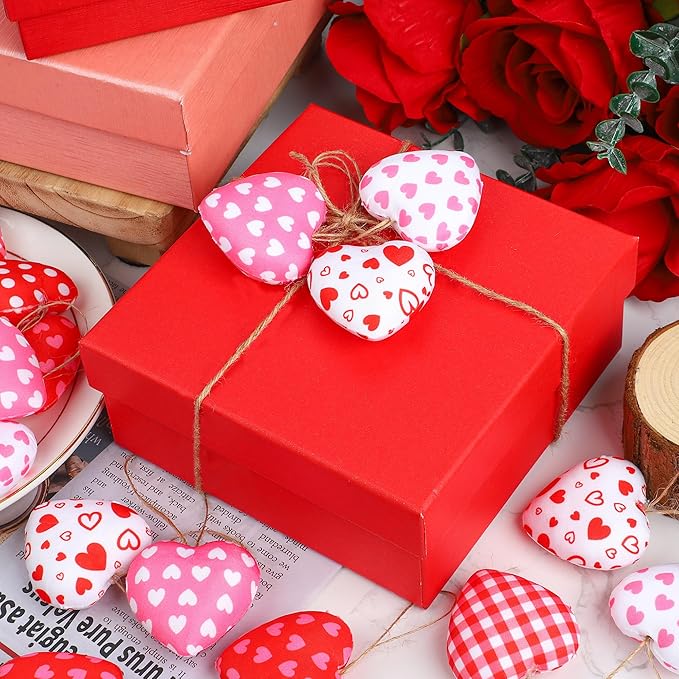 30 Pieces Fabric Heart Hanging Ornaments Valentines Heart Shaped Ornaments Red Pink Hearts Fabric Hanging Decorations for Valentine's Day Tree Wedding Party DIY Crafts