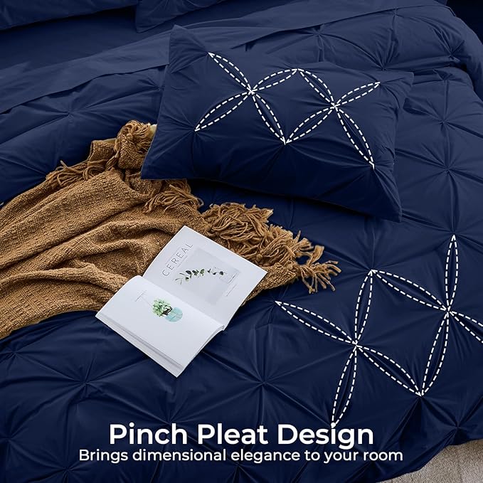 Sasttie Twin Comforter Set, 5-Piece Bed in a Bag, Pintuck Bedding Sets for All Season, Includes Comforter, Flat Sheet, Fitted Sheet, Pillowcase and Pillowsham, Navy