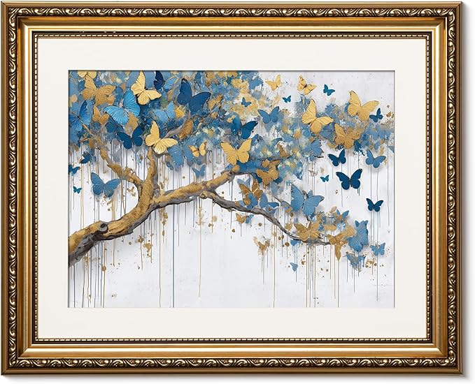 ARPEOTCY Vintage Gold Framed Wall Art Decor, 13x16 Inch Blue and Gold Butterfly Tree Canvas Print, Luxury Glam Wall Art for Living Room, Bedroom, or Office