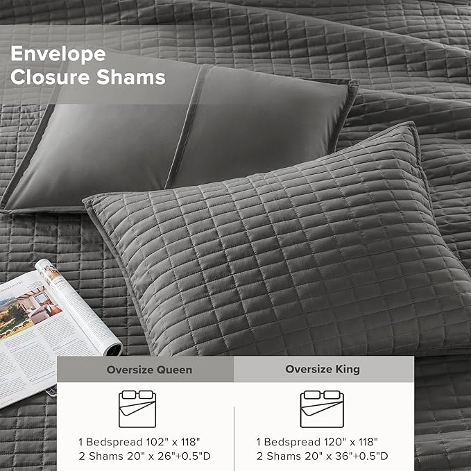 Comfort Spaces Charcoal Oversized Queen Quilt Set 102"x118" Bedspread Quilted Summer Lightweight Microfiber Bedding Coverlet with Double Sided Stitching Soft All Season 3 Piece with Matching Shams
