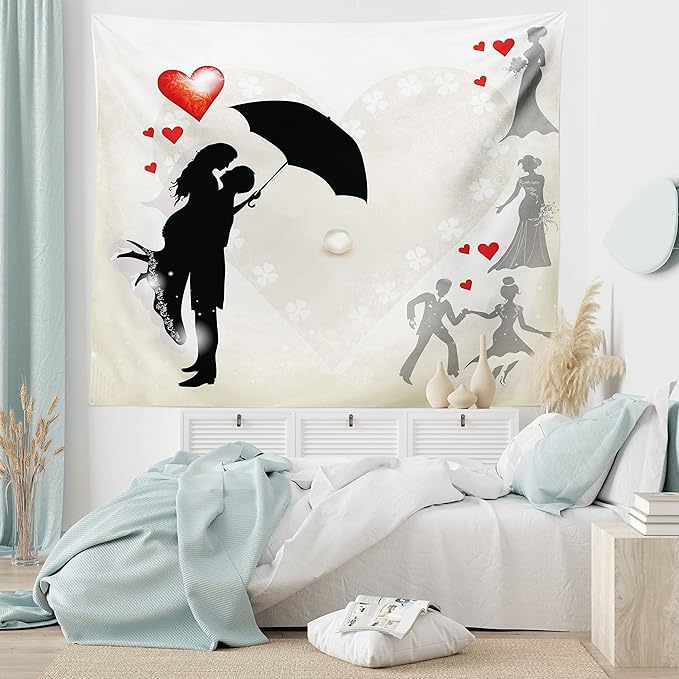 Ambesonne Wedding Tapestry Twin Size, Couple in Love Umbrella Red Hearts Daisies Romance in the Air Celebration, Wall Hanging Bedspread Bed Cover Wall Decor, 68" X 88", Black White Red