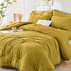 HYMOKEGE Mustard Yellow California King Comforter Set Seersucker 7 Pieces, All Season Luxury Bed in a Bag for Bedroom, Bedding Set with Comforter, Sheets, Pillowcases & Shams