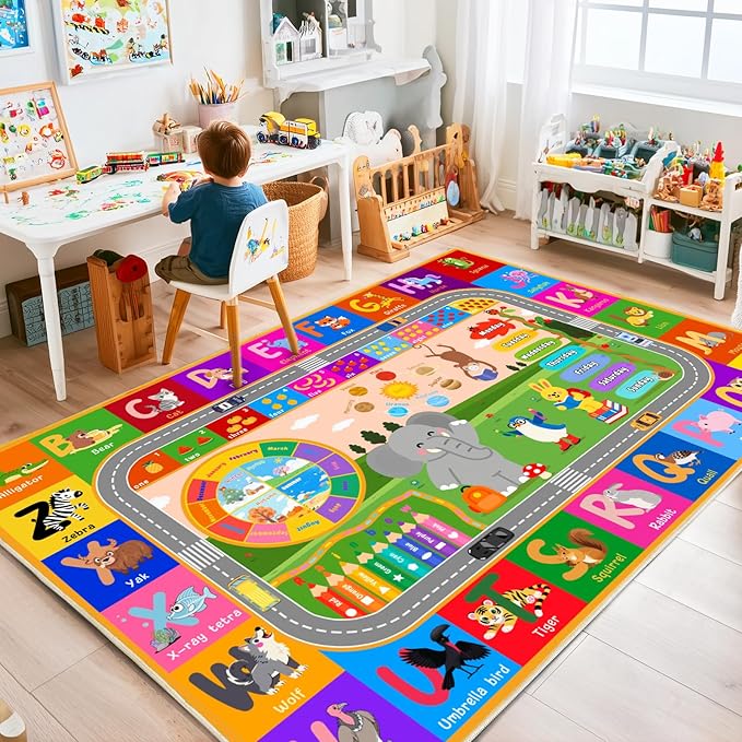 Kids Rugs for Classroom 8' x 10', Kids Educational Area Rugs for Learning ABC Alphabet, Numbers, Colors, Animal Words and Season, Washable Kid Room Rug Play Mat for Playroom Bedroom