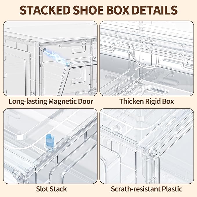 8 Pack XX Large Shoe Organizer, Heavy-Duty Hard Thicken Plastic Clear Stackable Shoe Storage Box Organizer for Closet, Space-Saving Shoe Rack Display Case Bin Containers for Sneakers, Clear