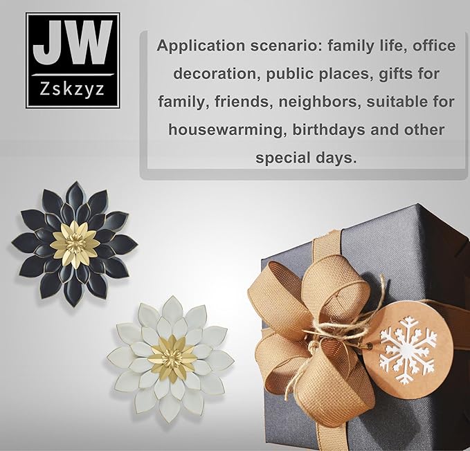 JWZSKZYZ Metal Flower Wall Decor, 9.5inch white gold Modern Iron Floral Wall Art Sculpture Farmhouse Hanging Decoration for Home Living Room, Bathroom, Kitchen, indoor, Patio Porch - （White）