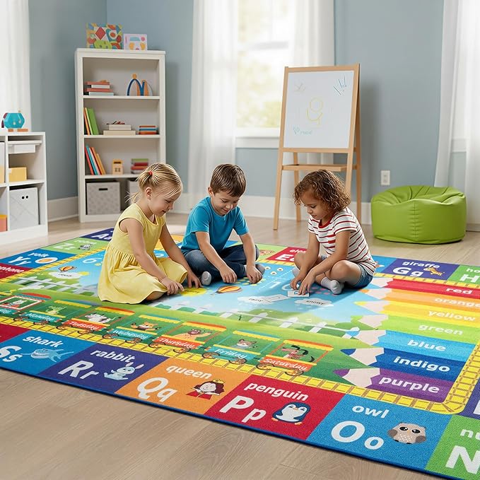 ST. BRIDGE Educational Kids Rug for Playroom 4x6 Feet, Non Slip Play Mat with ABC Alphabet, Numbers & Animals for Toddler Preschool Nursery Classroom, Soft Washable Area Rug for Early Learning