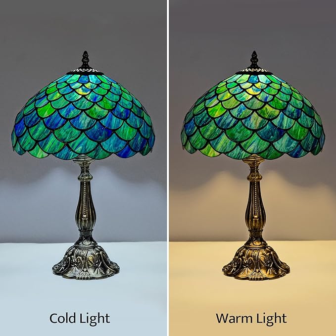 Tiffany Style Table Lamp Vintage Stained Glass Desk Lamp Sea Blue Fish Scales Bedside Reading Light Decor Bedroom Living Room Home Office D12 xH18