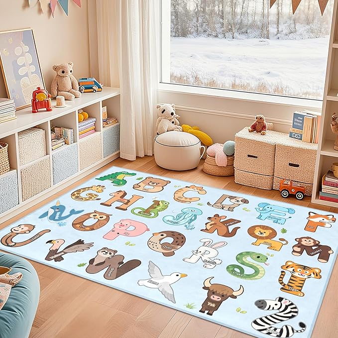 Kids Rugs for Playroom - 2.5x4 Feet ABC Rug for Toddler Children Educational Learning Animal, Alphabet Rug Kids Play Mat Nursery Bedroom Kindergarten Decor, Blue