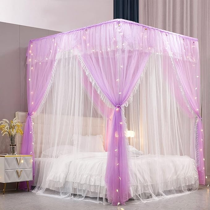 VETHIN 4 Corners Post Ruffle Princess Bed Canopy Curtain-Double Layer Cozy Drape Netting 4 Opening Mosquito Net for Girls Adults Bedroom Decoration (Double-Purple, 64" W*82" L*82"*H/(Queen))