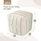 AELS Unstuffed Farmhouse Pouf Cover for Living Room, Boho Storage Bean Bag Cubes, Beige with Black Stitch Yarn Dyed Stripe Square Ottoman Pouf Foot Rest Footstool, 18"x18"x18", Cover ONLY