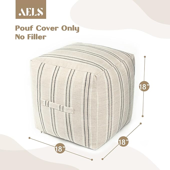 AELS Unstuffed Farmhouse Pouf Cover for Living Room, Boho Storage Bean Bag Cubes, Beige with Black Stitch Yarn Dyed Stripe Square Ottoman Pouf Foot Rest Footstool, 18"x18"x18", Cover ONLY