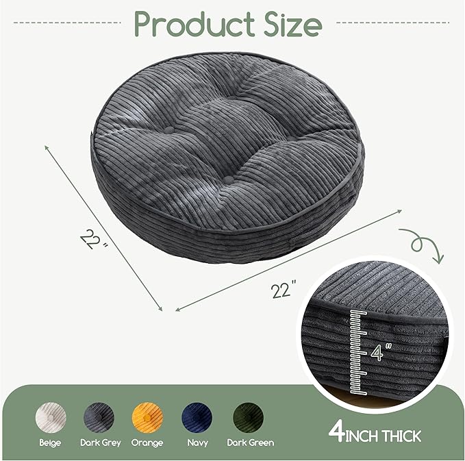HIGOGOGO Washable Floor Pillow Cushion for Adults, Meditation Cushion Pillow, Large Round Floor Sitting, Removable Tufted Corduroy Cover, for Tatami Living Room or Yoga, 22x22 Inch, Machine Washable