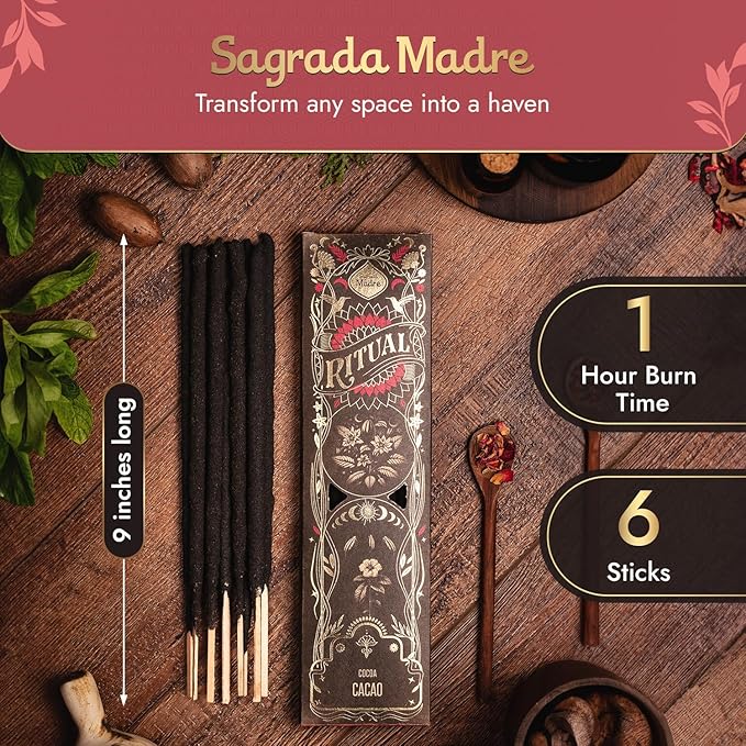 Ritual - Cocoa Incense Sticks, Centering and Calming Aroma, 6 Sticks, 9 Inches Each, Natural Incense with Aromatic Concentrated Oil, Charcoal, Natural Binder & Salt - 1 Hour Burn Time