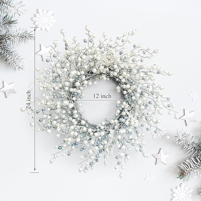 Huashen 24 Inch Spring Front Door Wreath Winter Berry Wreath Metallic Effect Pearl White & Silver Berry Christmas Wreaths for Front Door Wall Window Hanging Christmas Decoration Home Décor