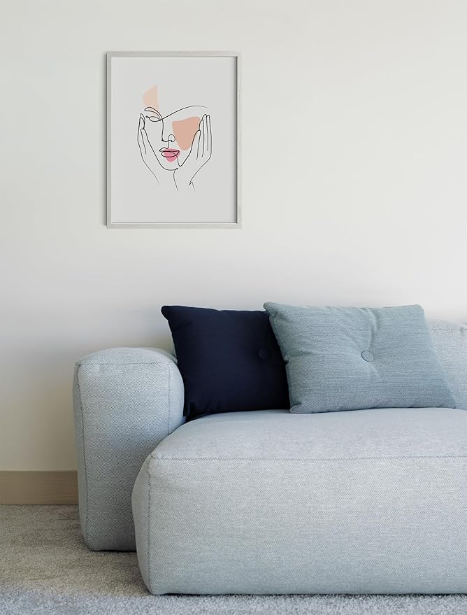Aesthetic Face Wall Art Hands on Cheeks Continuous Line Drawing Abstract Pink Shapes 12x16 Inch Oak Wood White Framed Modern Portrait for Bedroom Vanity
