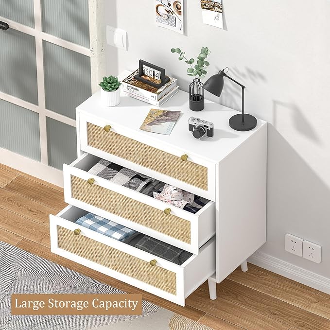 Anmytek White Dresser for Bedroom with 3 Drawers, Modern Wood 3 Drawer Dresser, White Chest of Drawer with Spacious Storage Rattan Dresser for Bedroom H0072