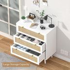 Anmytek White Dresser for Bedroom with 3 Drawers, Modern Wood 3 Drawer Dresser, White Chest of Drawer with Spacious Storage Rattan Dresser for Bedroom H0072