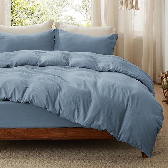 Bedsure Duvet Cover Queen Size with Fitted Sheet - 4 Pieces Prewashed Cotton-Like Polyester Extra Soft Bedding Set, Includes 1 Duvet Cover 90x90 Inches, 2 Pillow Shams, 1 Fitted Sheet, Mineral Blue