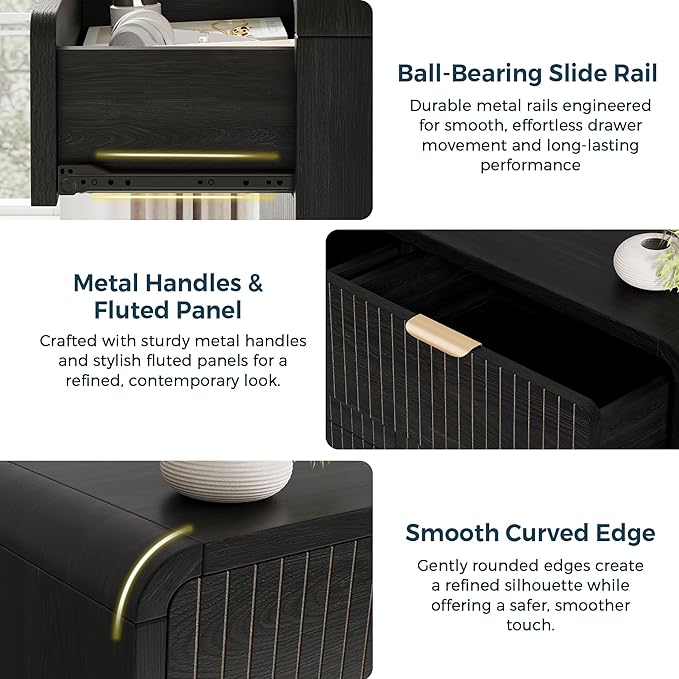 Modern 6 Drawer Dresser for Bedroom, 47" Wide Wood Dressers & Chests of Drawers Curved Profile Design, Mid Century Modern Fluted Dresser for Bedroom, Black Dresser