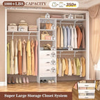 Armocity 96 Inches Closet System, 8FT Walk In Closet Organizer with 3 Shelving Towers, Heavy Duty Clothes Rack with 3 Drawers, Built-In Garment Rack, 96" L x 16" W x 75" H, Max Load 1000 LBS, White