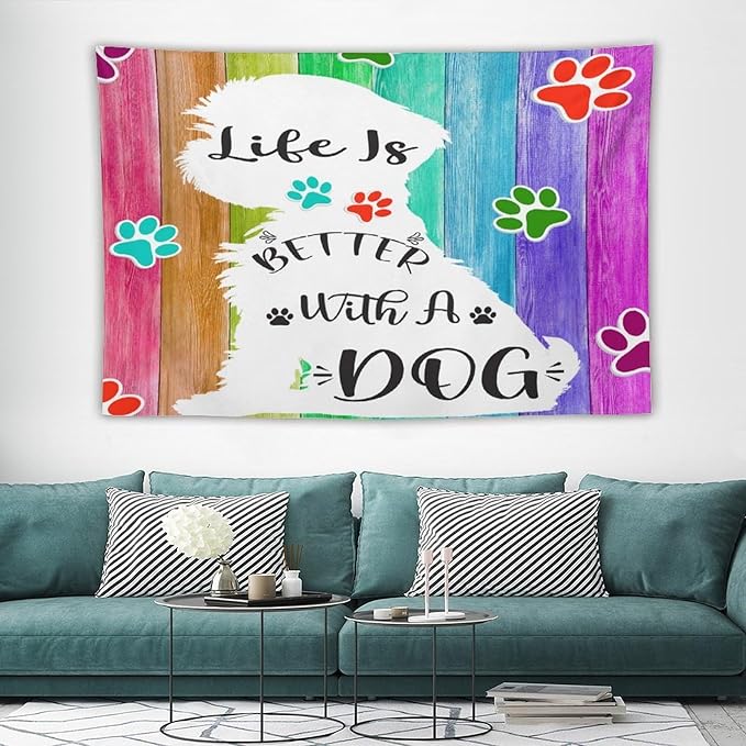 VUMIVI Cute Dog Tapestry Rainbow Color Planks Rustic Farmhouse Home Decor Pet Paws Tapestry Wall Hanging for Living Room Bedroom Dorm Classroom Aesthetic Decor W90xL60in