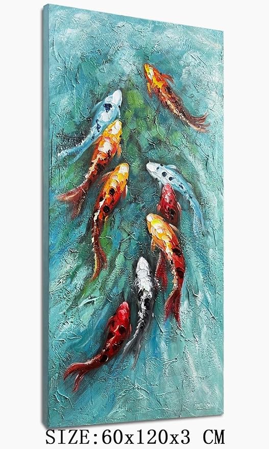 zoinart Oil Painting on Canvas Vertical Wall Art 24x48 Inches 3D Nine Fishes Modern Style Abstract Wall Paintings Hand-Painted Fish Artwork Home Decorations Ready to Hang