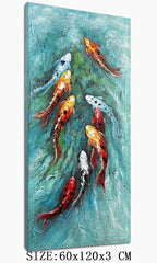 zoinart Oil Painting on Canvas Vertical Wall Art 24x48 Inches 3D Nine Fishes Modern Style Abstract Wall Paintings Hand-Painted Fish Artwork Home Decorations Ready to Hang