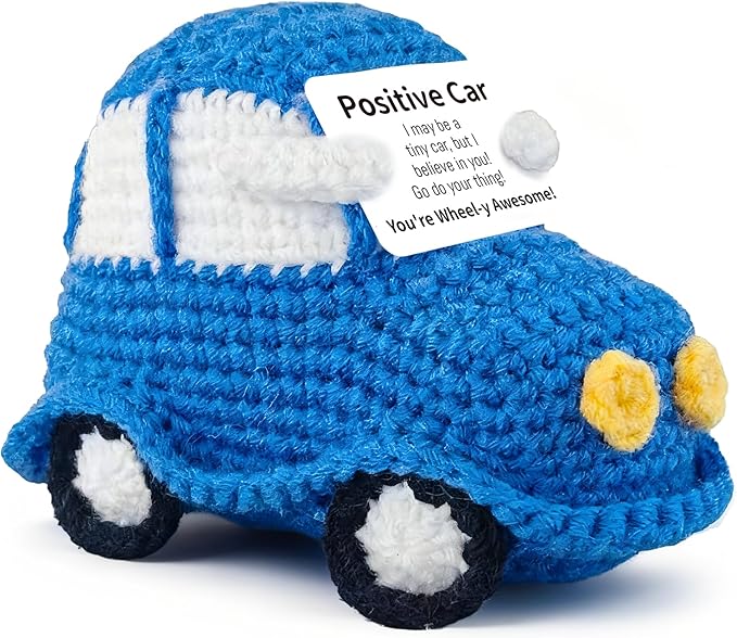 Positive Funny Crochet Car, Emotional Support Mini Handmade Crochet Gift, Inspirational Birthday Gifts for Men Women Friends Boyfriend Dad Coworker, Blue