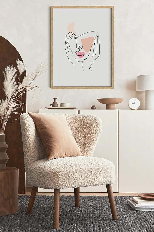 Y2K BOO Aesthetic Face UNFRAMED Wall Art Hands on Cheeks Continuous Line Drawing Abstract Pink Shapes 16x20 Inch Heavyweight Paper Studio Decor
