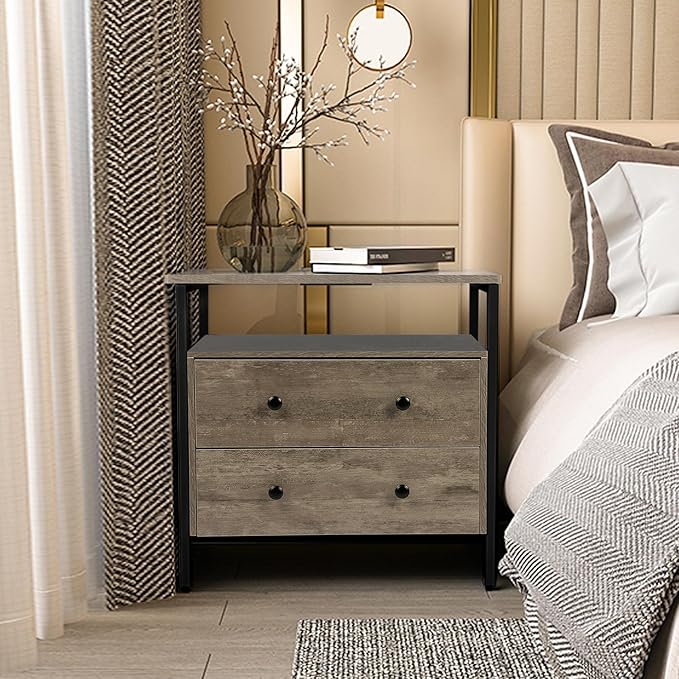 27 inch Wide Night Stand Set 2 with Charging Station, Bedside Table with Open Shelf, 2 Drawers Small Wood Dresser, Modern Wood Nightstand for Bedroom/Living Room (Rustic Gray)