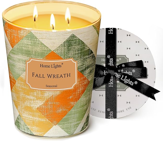 HomeLights Scented Candles | Large Jar 34 Oz Natural Soy Candle | 130 hrs Long-Lasting with 3 Wicks | Rustic Modern Home Decor | Gifts for Mom & Women, Fall Wreath