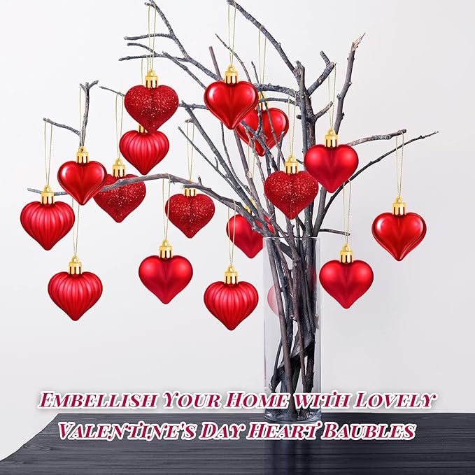 Elcoho 48 Pieces Valentine's Day Heart Shaped Baubles Hanging Heart Ornaments Valentines Tree Decorations for Valentines Day Ornaments Party Wedding Anniversary Decor, Red