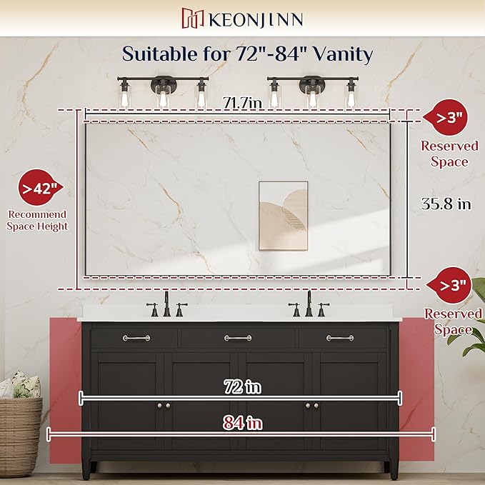 Keonjinn 72 x 36 Inch Bathroom Mirror, Black Large Rectangle Mirror for Over Sink, Square Corner Metal Framed Farmhouse Mirrors, Modern Rectangular Wall Mirrors(Horizontal/Vertical)