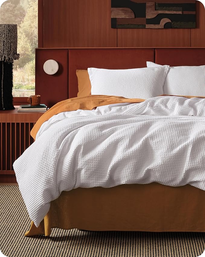 Bedsure Cotton Duvet Cover Queen - 100% Cotton Waffle Weave Bright White Duvet Cover Queen Size, GentleSoft™ and Breathable Bedding Set for All Season, 3 Pieces, 90"x90"