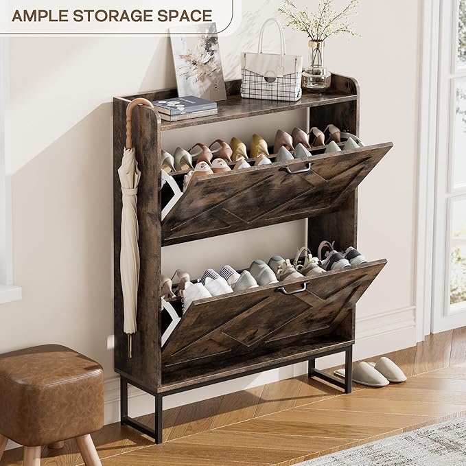 Nicetree Shoe Cabinet with 2 Flip Drawers, Freestanding Shoe Storage Cabinet with Metal Legs, Farmhouse Shoe Organizer for Entryway, Foyer, Hallway, Rustic Brown