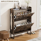 Nicetree Shoe Cabinet with 2 Flip Drawers, Freestanding Shoe Storage Cabinet with Metal Legs, Farmhouse Shoe Organizer for Entryway, Foyer, Hallway, Rustic Brown