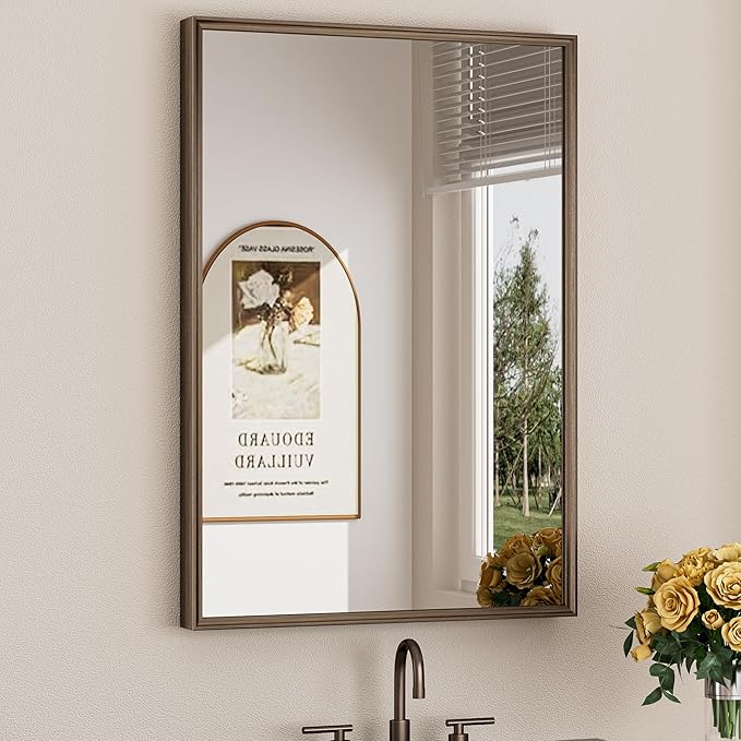 Keonjinn 24 x 36 Inch Bronze Mirror for Bathroom, Stainless Steel Framed Wall Mounted Mirrors, Anti-Rust, HD Tempered Glass, Shatter-Proof, Rectangle Bathroom Vanity Mirror, Modern Style Frame