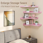 4 Tier Floating Corner Shelves Pink Set of 4, Rustic Pine Wooden Floating Corner Wall Shelf for Wall Décor Storage, L Shaped Corner Shelf Wall Mount for Bedroom, Living Room, Bathroom, Kitchen.