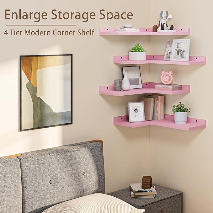 4 Tier Floating Corner Shelves Pink Set of 4, Rustic Pine Wooden Floating Corner Wall Shelf for Wall Décor Storage, L Shaped Corner Shelf Wall Mount for Bedroom, Living Room, Bathroom, Kitchen.