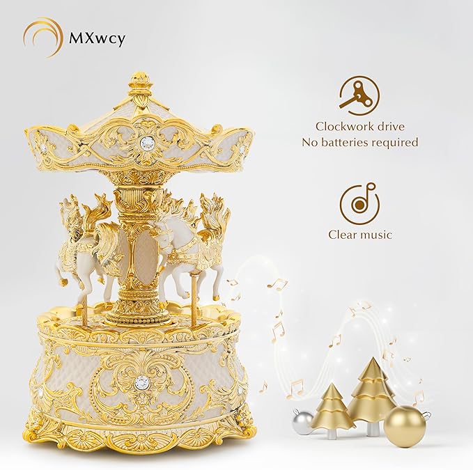 Carousel Music Box Gold & Ivory 8.7" Rotate Christmas Music Box for Kids & Adults, Classic Wind up Cylinder Music Box Birthday Gifts for Women Girls Mom, Carousel Horse Musical Lantern Home Room Decor