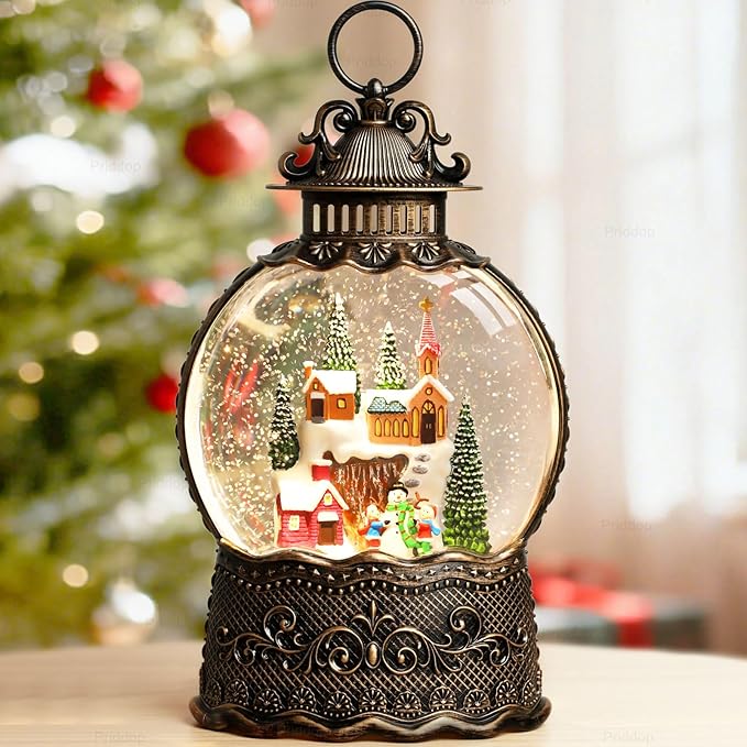 Village Snow Globe Christmas Decorations Indoor Church Snowman Snow Village Scene Gifts Classic Relief Texture Musical Glitter Snowfall USB/Battery Timer Lantern 10.6 inch