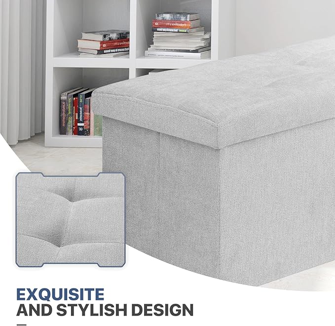 MoNiBloom 30 Inch Storage Ottoman Bench, Rectangle End of Bed Bench, Storage Padded Seat, Linen Fabric Ottoman Footrest for Living Room, Bedroom, Entryway, Light Gray