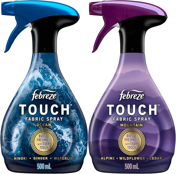 Febreze Touch Fabric Spray, Air Freshener, Odor-Fighting Fabric Refresher, Couch and Linen Spray, Sneaker Balls Alternative, Multi-Use, Ocean and Mountain Scent, 16.9oz, 2ct (1 of each Scent)