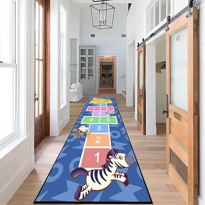Hopscotch Carpet for Bedroom, 3.3x10ft, Zebra Jellyfish Animal Print Indoor Throw Rug, Cartoon Blue Runner Rug for Kids Room, Thin Low Pile Breathable Non Slip Rugs for Classroom Playroom